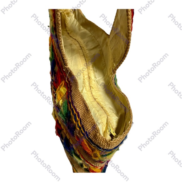 Vintage 70s Burlap Purse Bag Tote Multi Color Embroidery BOHO Hippie 14" - Picture 5 of 9